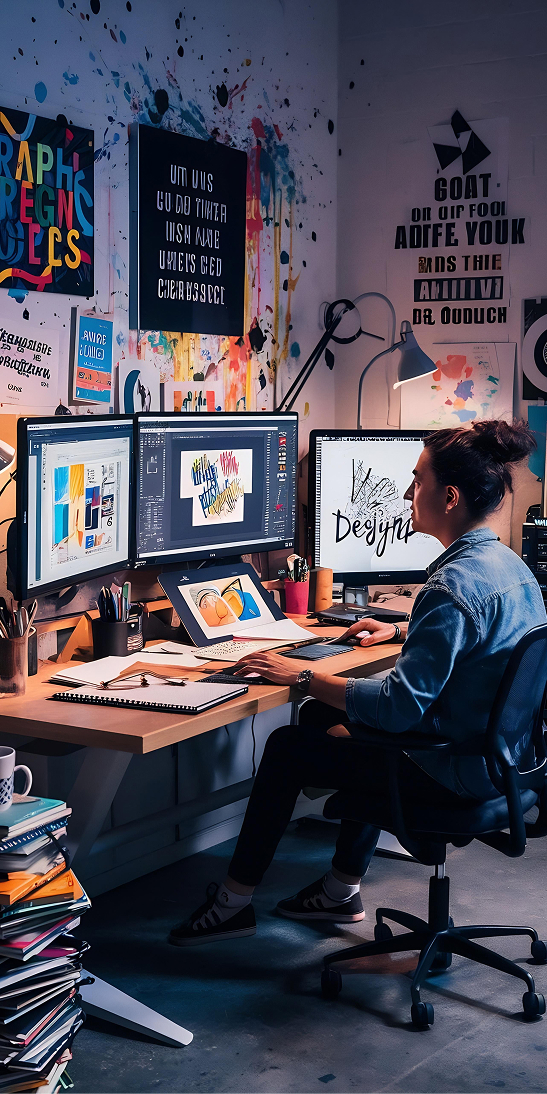 Graphic designer working across multiple screens