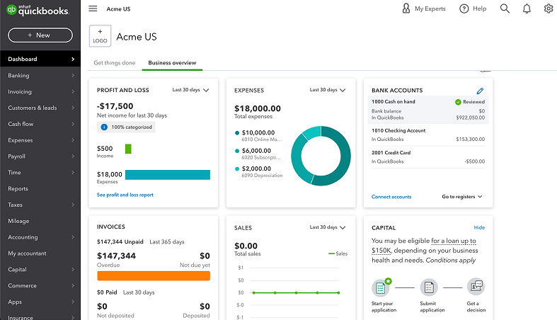 QuickBooks dashboard