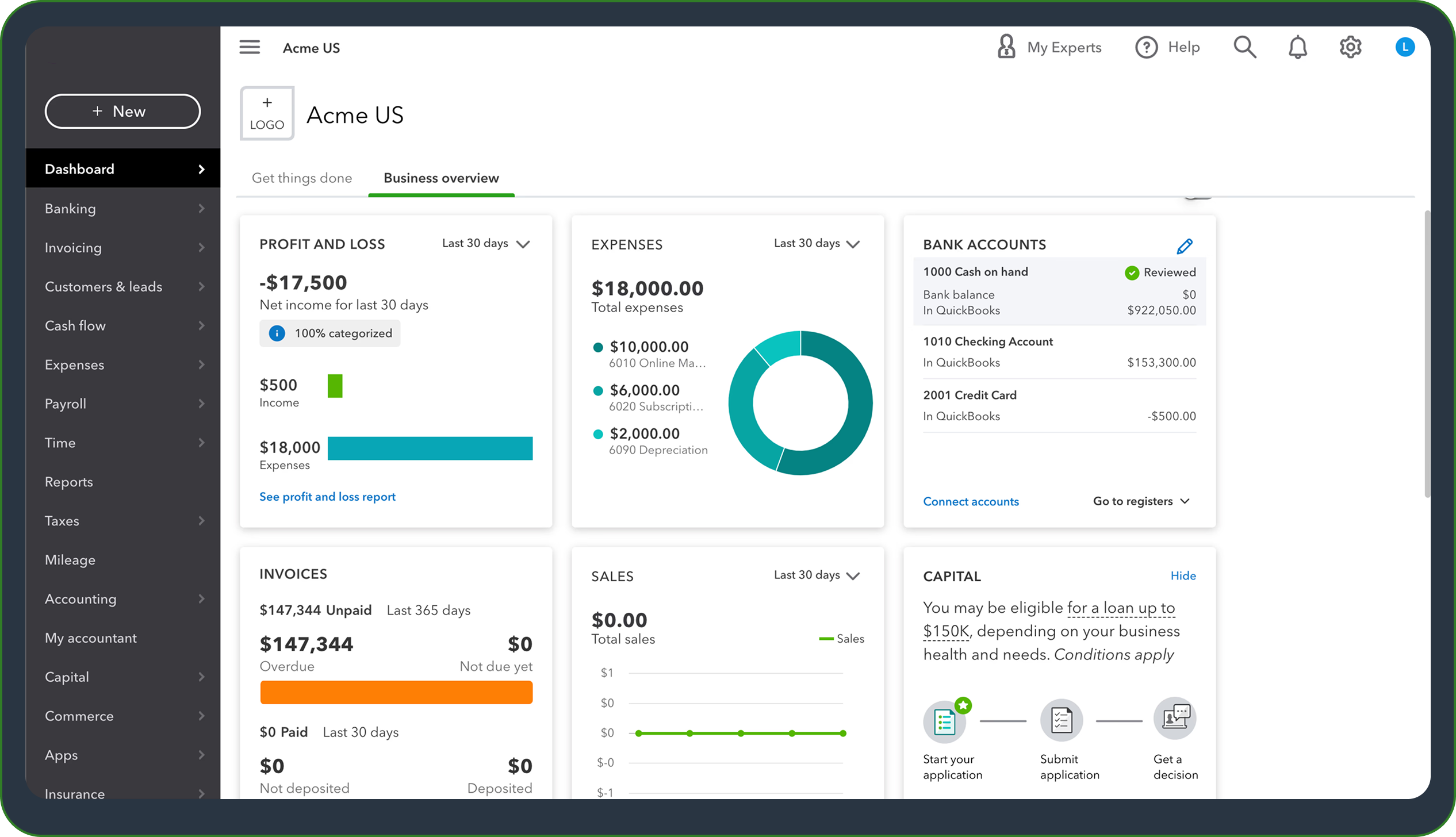 QuickBooks business overview screen